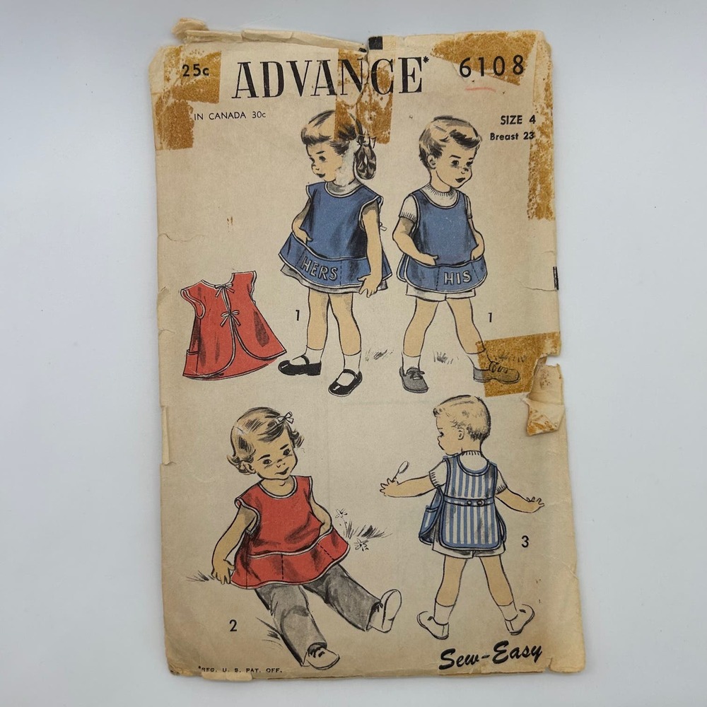 Advance Vintage 1950's Pattern #6108 Boys and Girls Aprons Size 4‎
